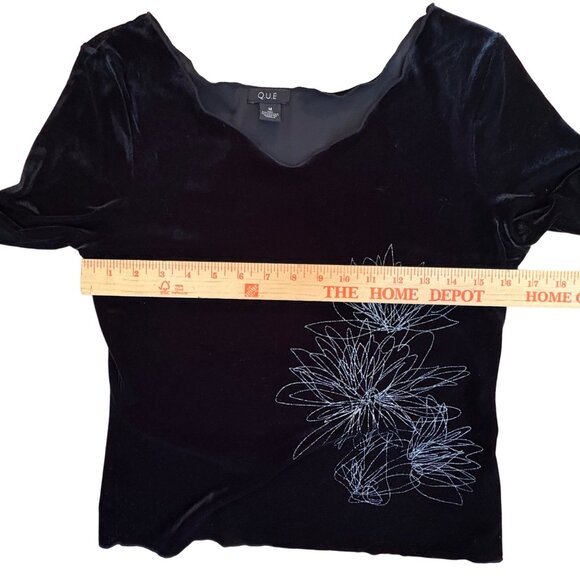 Black Velvet Floral Embroidered Sparkle Top Med Vintage Stretch Holiday Witchy - Picture 5 of 8